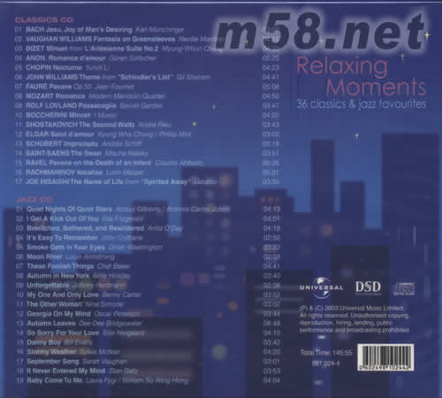 悠閑時刻音樂精選2CD RELAXING MOMENTS 36CLASSICS&JAZZ FAVOURITES專輯背面圖片