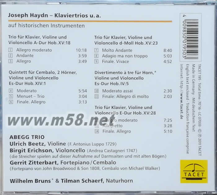 JOSEPH HAYDN KLAVIERTRIOUS U A 阿貝格 - 海頓:鋼琴三重奏 ABEGG(劉漢盛推介 超越巔峰200擊入圍CD)專輯背面圖片
