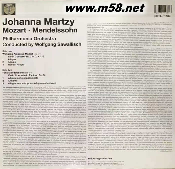 門德爾松 Mendelssohn: Violin Concerto/ Mozart: Violin Concerto 莫札特: 第3號小提琴協奏曲/ 孟德爾頌: 小提琴協奏曲 黑膠專輯背面圖片
