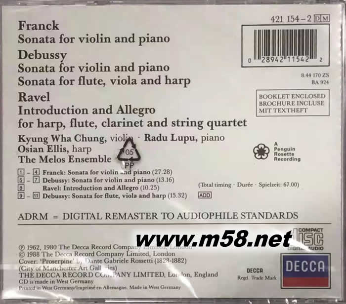 Kyung Wha Chung & Radu Lupu - Franck: Sonata For Violin And Piano鄭京和 & 拉杜·魯普 - 弗朗克:小提琴奏鳴曲專(zhuān)輯背面圖片