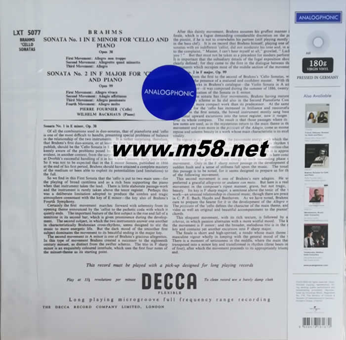 BRAHMS SONATAS FOR CELLO AND PIANO 大提琴與鋼琴 (180g LP)黑膠專輯背面圖片