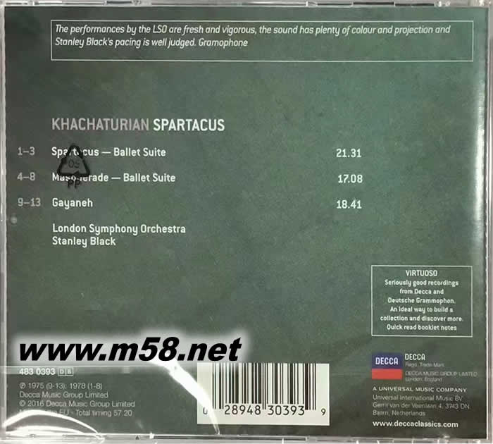 哈察都量:芭蕾組曲 - 斯巴達卡斯、假面舞會、蓋雅納 Khachaturian: Spartacus, Masquerade, Gayaneh VIRTUOSO大師系列專輯背面圖片