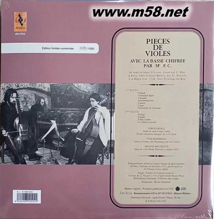 FRANÇOIS COUPERIN PIECES DE VIOLES 1728 庫普蘭: 古大提琴作品 (第二冊,1701) 限量版專輯背面圖片